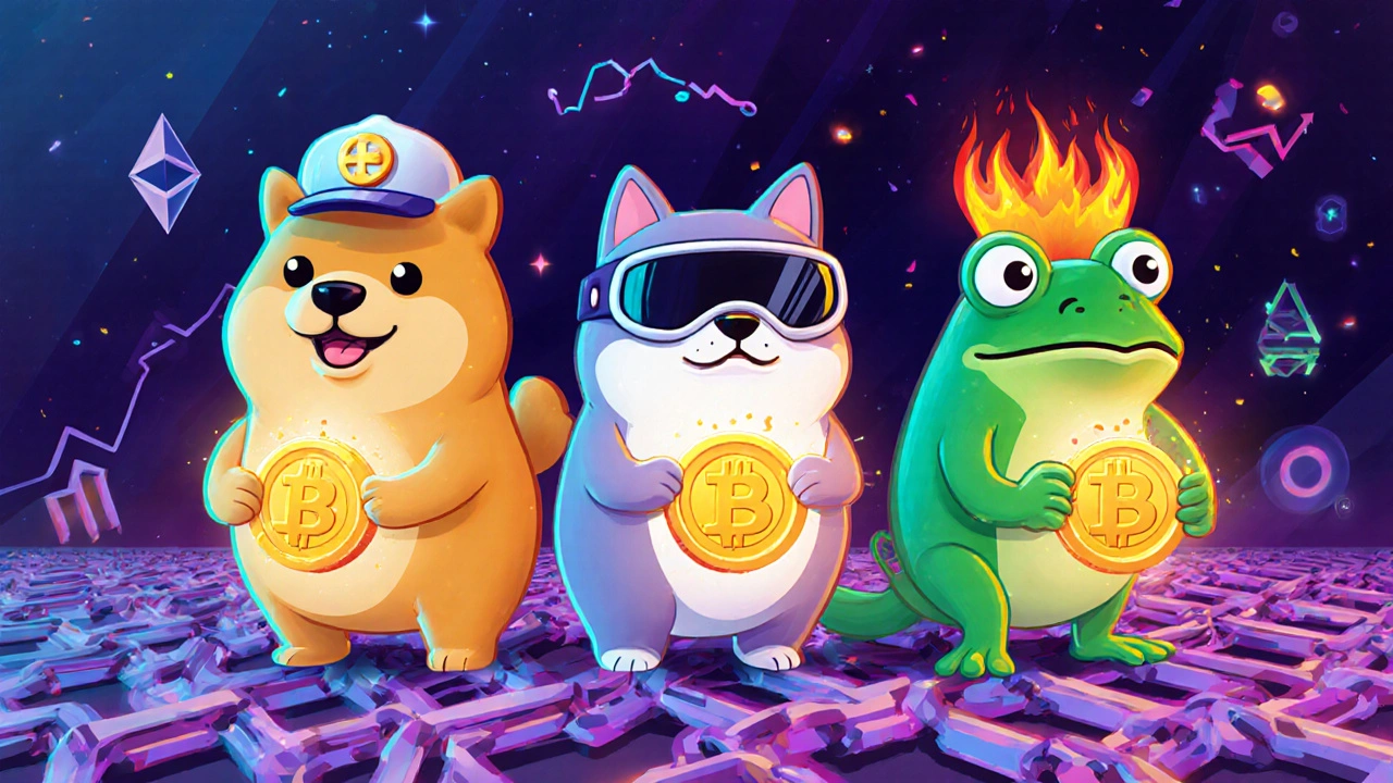 Dogecoin, Shiba Inu, dan Pepe tampil sebagai maskot memegang token di atas rantai blockchain.