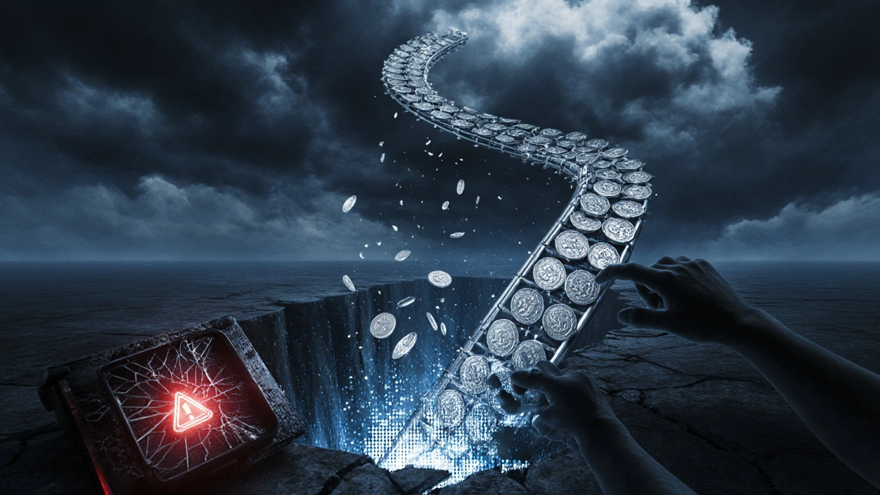 Kereta roller‑coaster koin meluncur ke jurang dengan dompet hardware retak di depan.