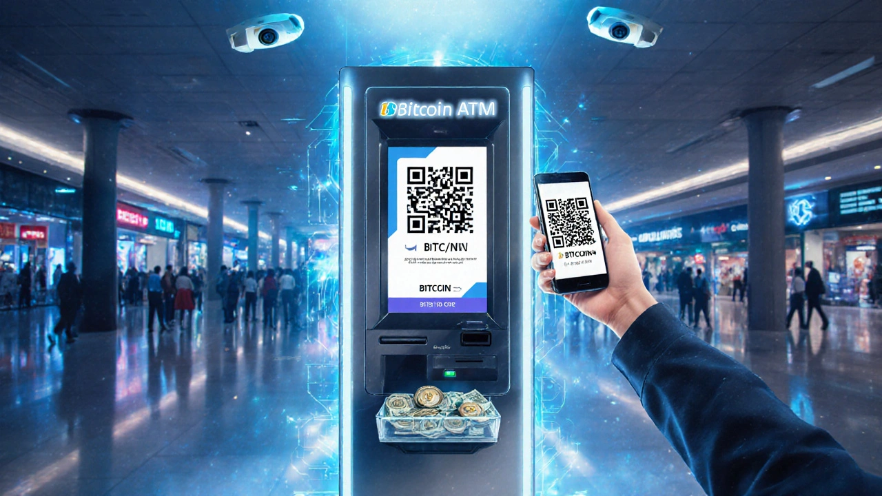 ATM Bitcoin menampilkan QR code, mengeluarkan uang tunai, dengan kamera CCTV di atasnya.