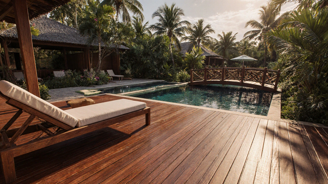 Dek outdoor kolam renang dengan papan Kayu Bankirai mengkilap, lampu matahari menyorot permukaan.