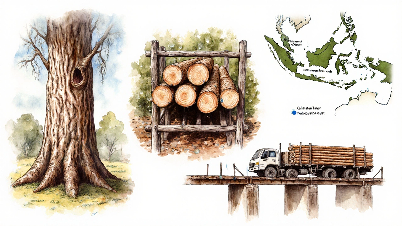 Ilustrasi faktor harga kayu Ulin: umur pohon, pengeringan, transportasi, dan lokasi.