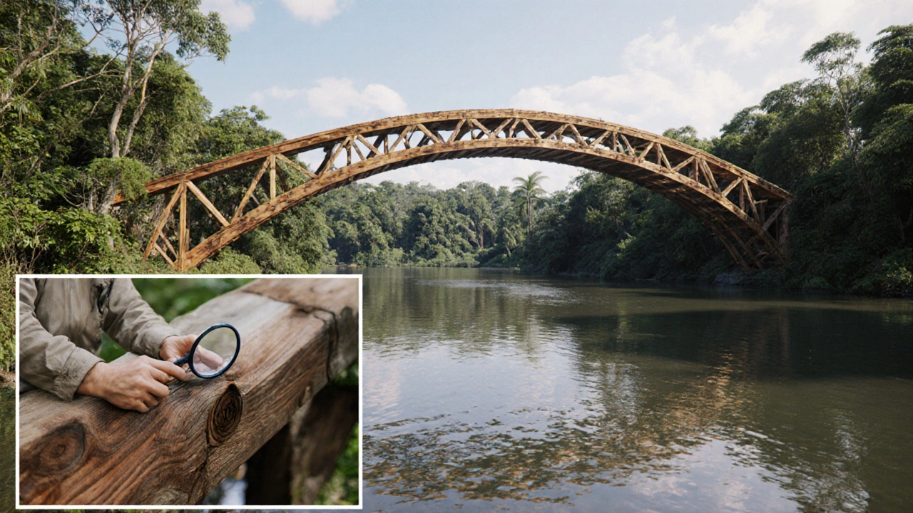 Jembatan kayu ulin di Kalimantan yang tampak kuat, dengan inspeksi tanpa kerusakan rayap.