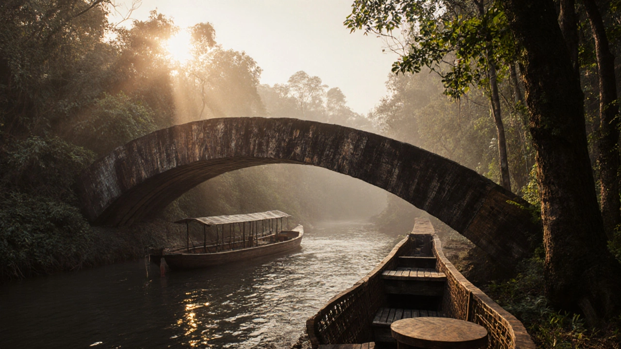Jembatan kayu ulin melintasi sungai hutan, dengan perahu tradisional dan furnitur outdoor dari kayu yang sama.