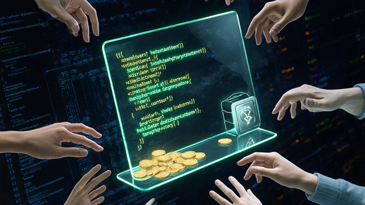 Kode smart contract bercahaya mengalirkan dana otomatis ke pengembang setelah voting mayoritas, tanpa campur tangan manusia.