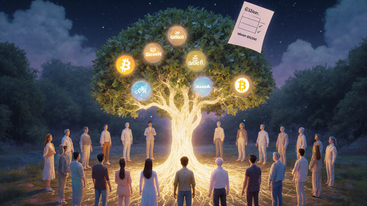 Komunitas global berbentuk avatar berkumpul di sekitar pohon blockchain, mewakili proyek yang didanai oleh DAO tanpa otoritas pusat.