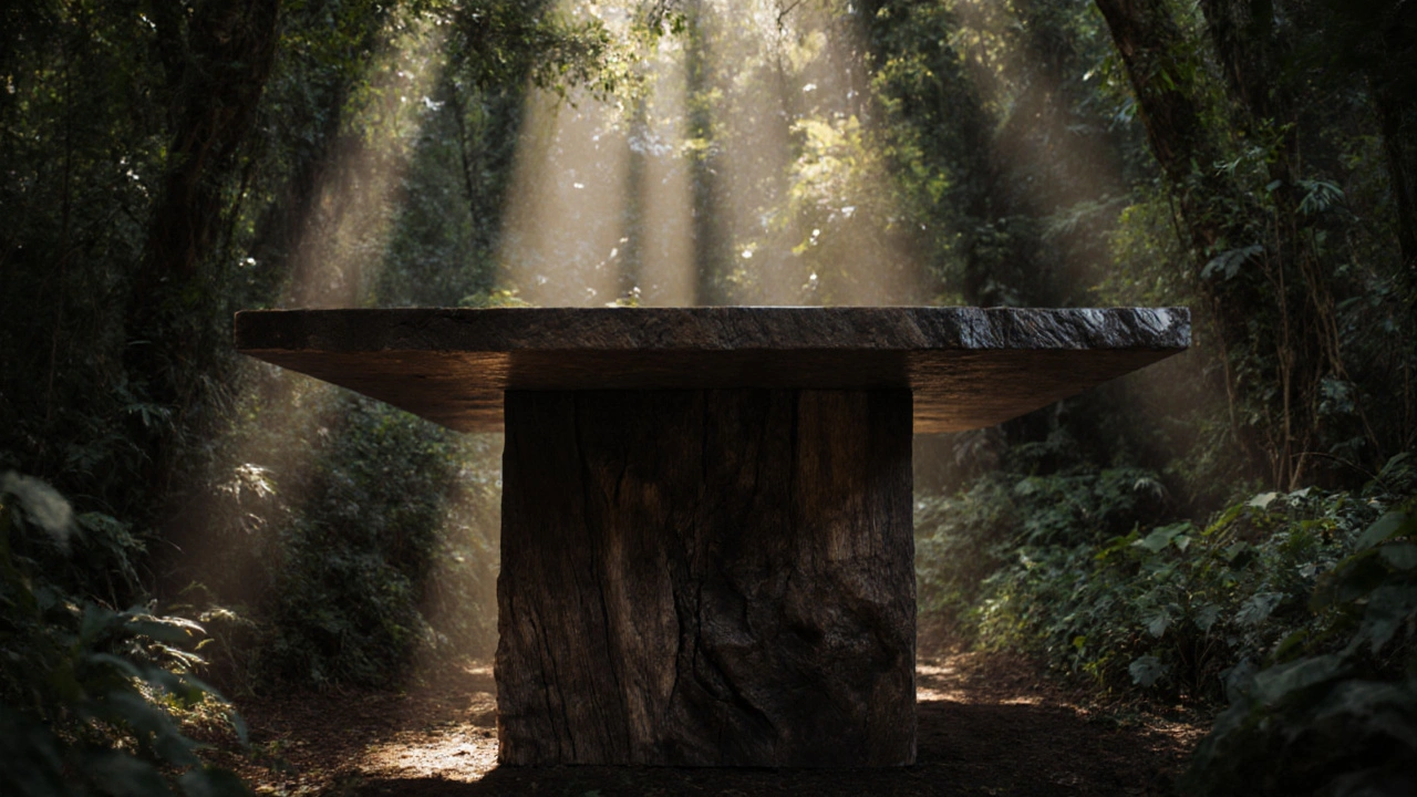 Meja luar ruangan dari kayu ulin berdiri di hutan Kalimantan dengan cahaya matahari.