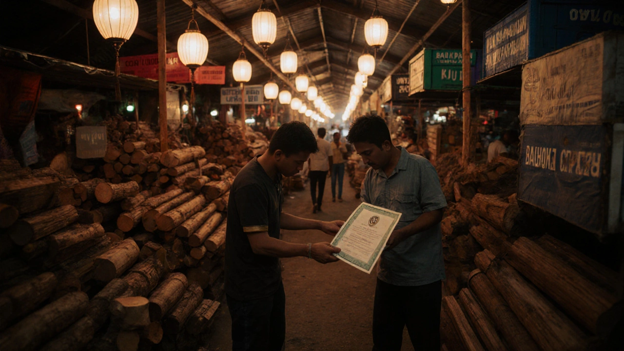 Pasar Kayu Samarinda, pembeli memeriksa kayu sambil menerima sertifikat SKL.