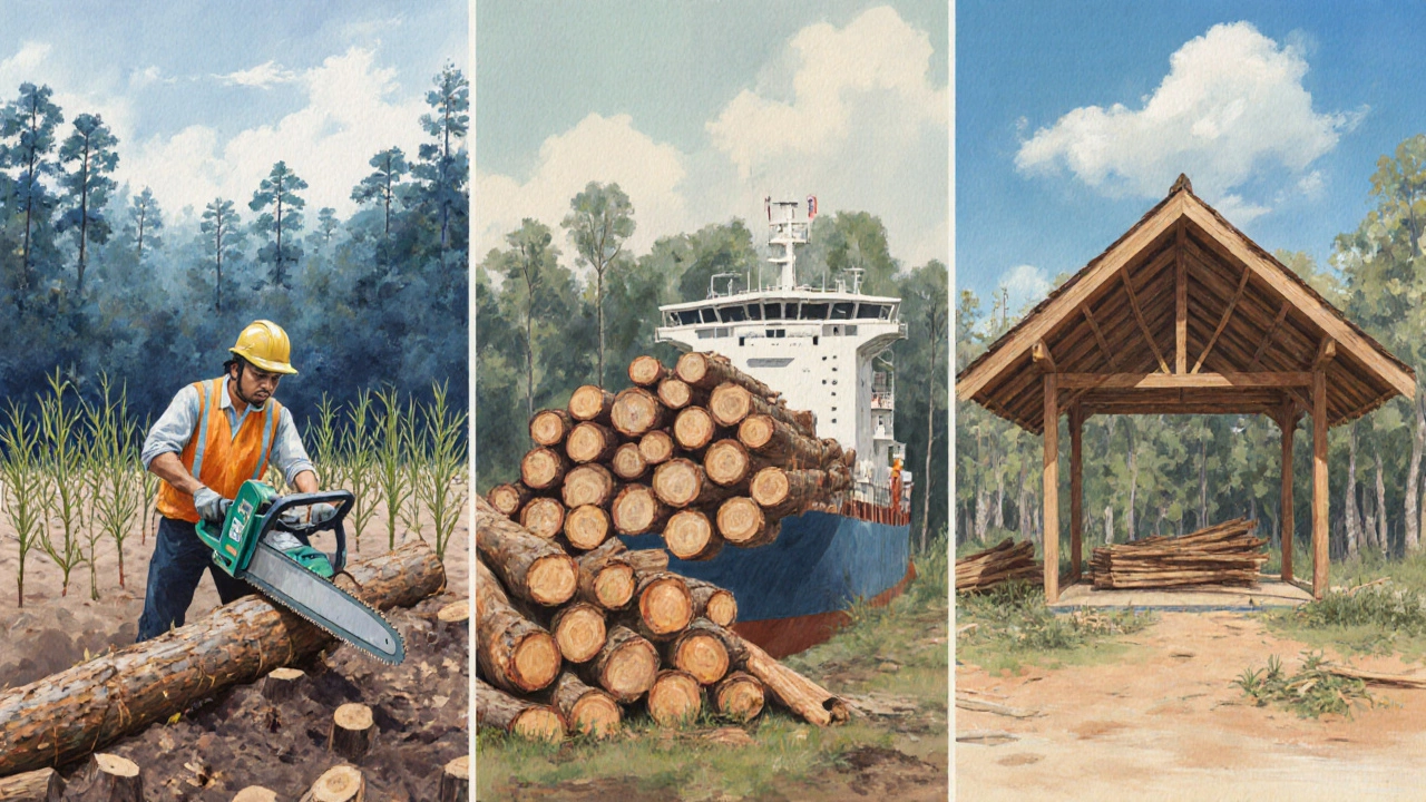 Pengelolaan hutan berkelanjutan: penebangan Kayu Bankirai, penanaman bibit, dan pavilion kayu.