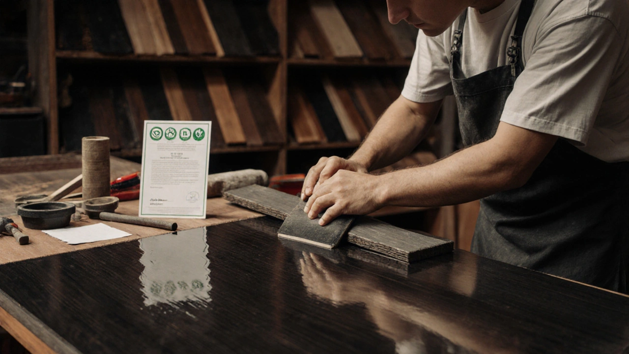 Pengrajin menghaluskan papan kayu ulin untuk lantai mewah di bengkel.