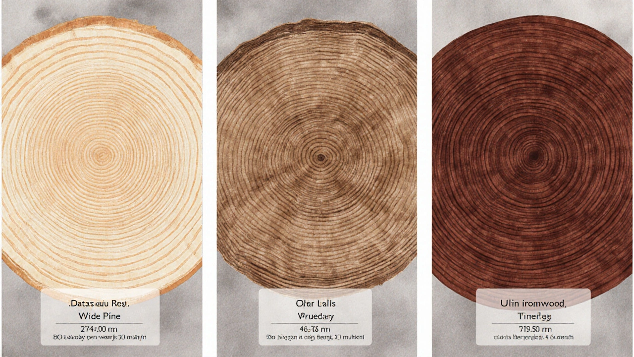 Perbandingan tiga jenis kayu – pinus, oak, dan ulin – ditampilkan dalam potongan melintang.