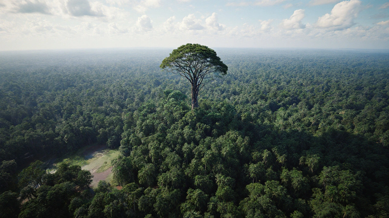 Pohon Bengkirai menjulang 55 m di atas kanopi hutan Kalimantan, terlihat dari atas.