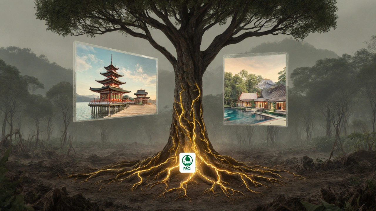 Pohon ulin raksasa dengan simbol permintaan global di sekelilingnya.