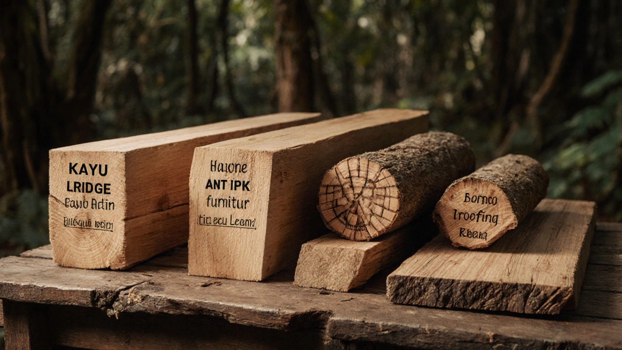 Potongan kayu ulin berlabel Kayu Besi, Kayu Antik, Kayu Lempir, Kayu Tilam, Borneo Ironwood di atas meja.