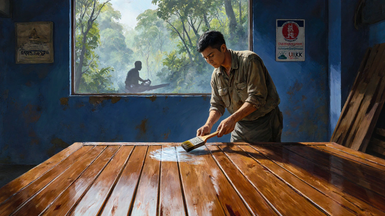 Tukang kayu mengaplikasikan pelapis pada deck Ulin bersertifikat SVLK di latar hutan Kalimantan.