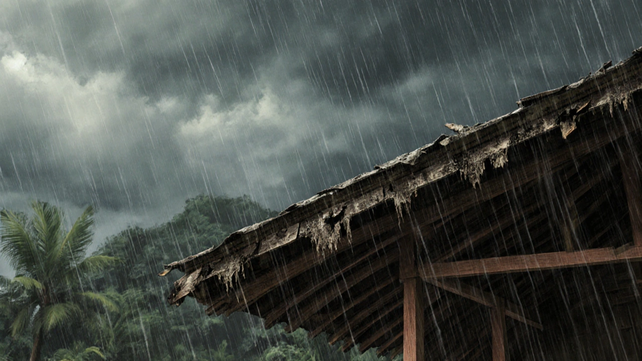 Atap teras dari kayu mahoni yang melengkung dan berjamur di bawah hujan lebat.