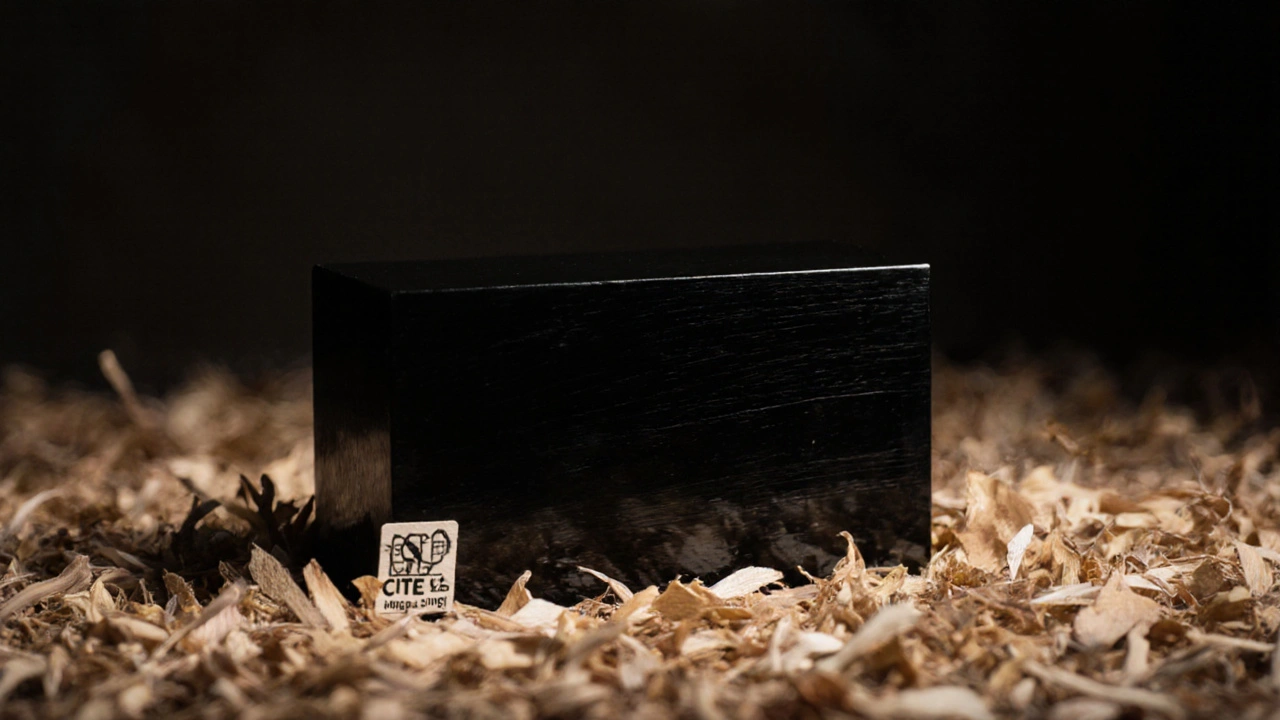 Balok ebony hitam pekat dengan sertifikat CITES di latar belakang.