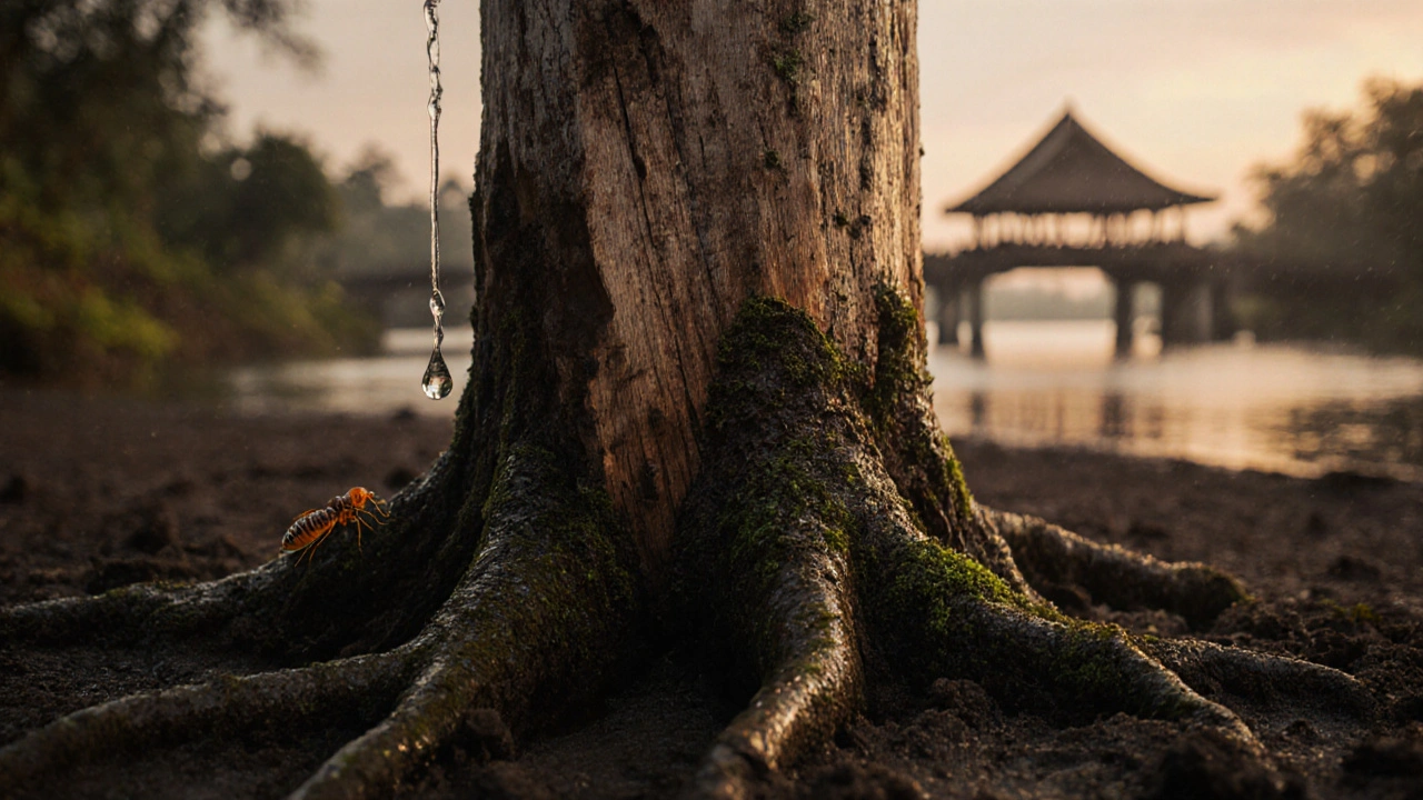 Balok kayu bengkirai yang tertanam di tanah lembap, menunjukkan ketahanan alami terhadap serangga.