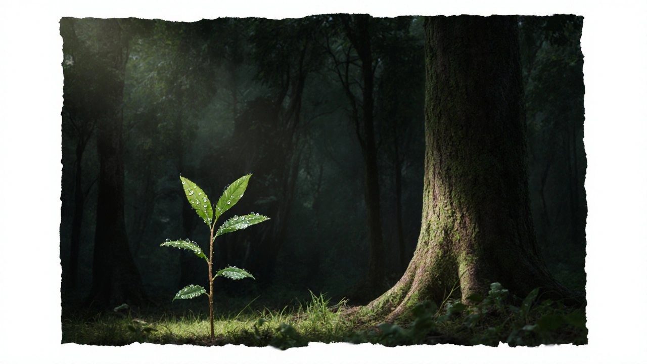 Bibit ulin kecil tumbuh di bayangan hutan, dibandingkan dengan pohon jati yang jauh lebih tinggi.