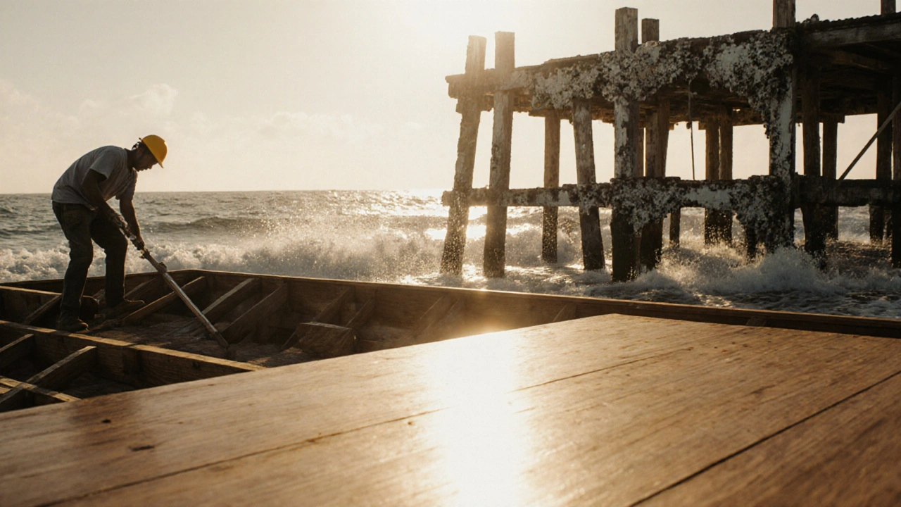 Deck pantai dibangun dengan kayu ipe, sementara dermaga tua dari kayu ulin berdiri di latar belakang.