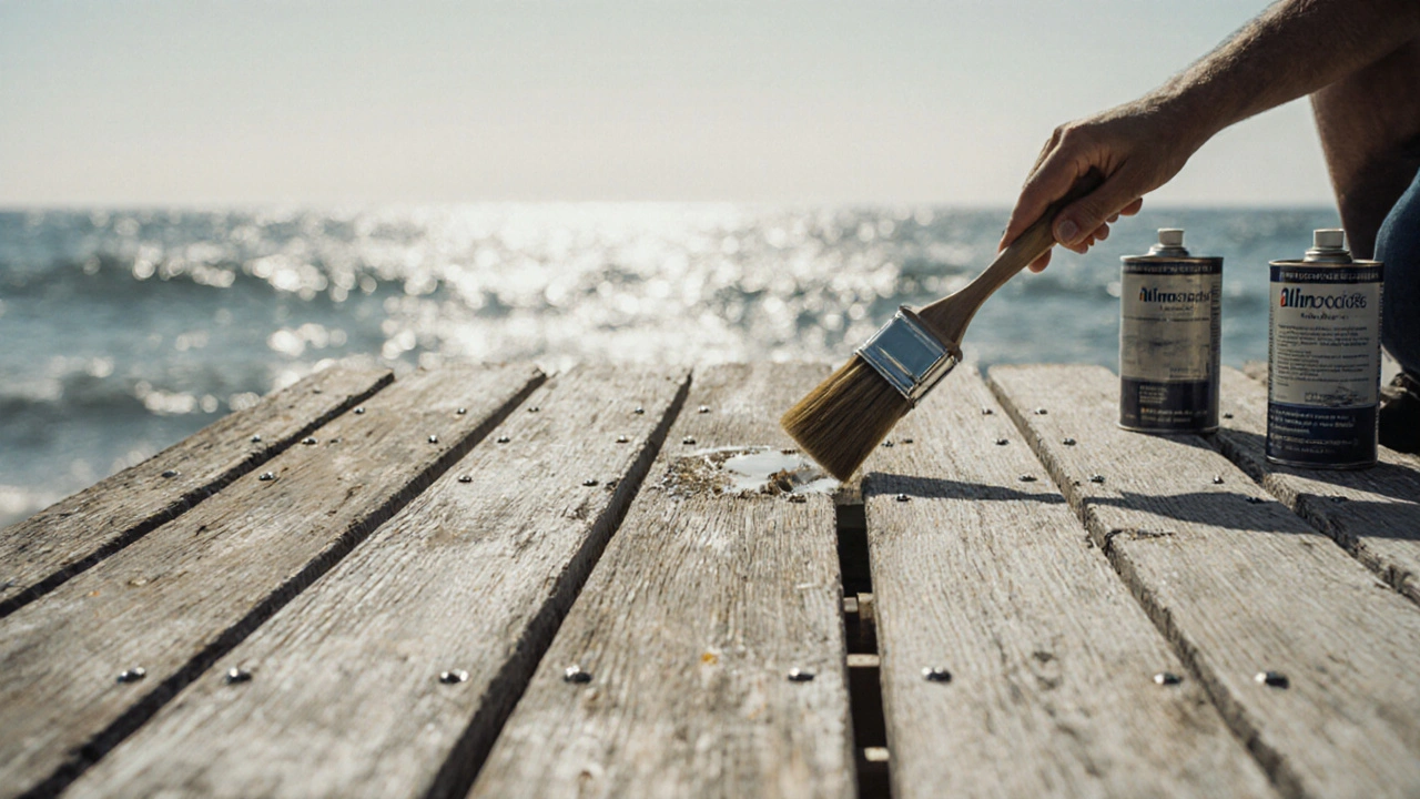 Dek pantai dari kayu ulin yang memudar akibat sinar matahari, dengan baut stainless steel dan pekerja yang merawatnya.