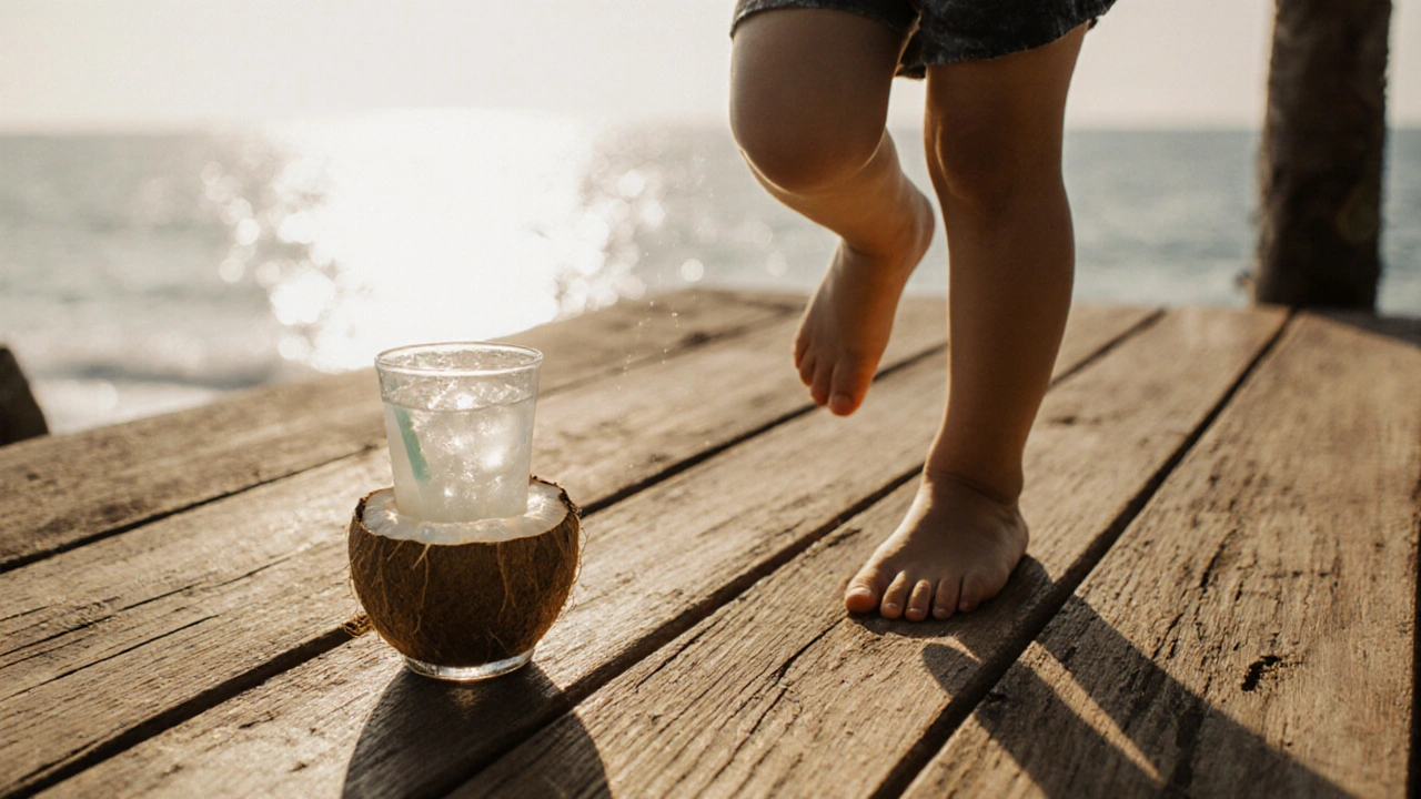 Dek pantai di Bali terbuat dari kayu bangkirai, dengan jejak kaki anak dan pemandangan laut di latar belakang.