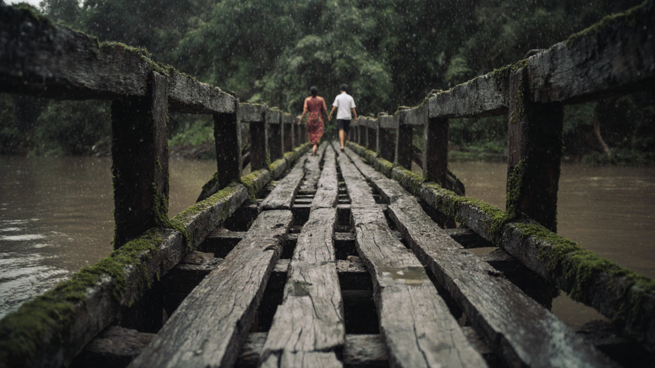 Jembatan kayu tua di Kalimantan yang dibangun dari kayu ulin, kuat dan tanpa perawatan, dilewati warga lokal di tengah banjir.