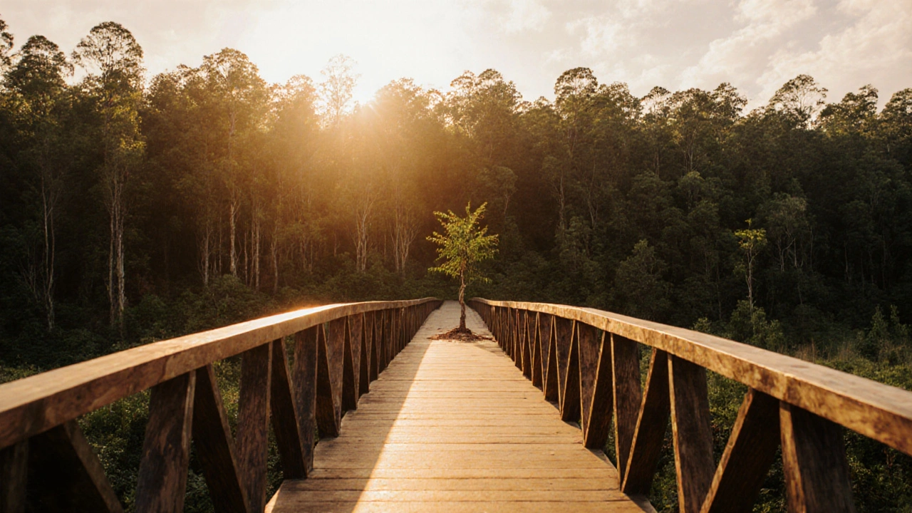 Jembatan komposit dengan pohon ulin muda ditanam di latar belakang hutan, simbol keberlanjutan.