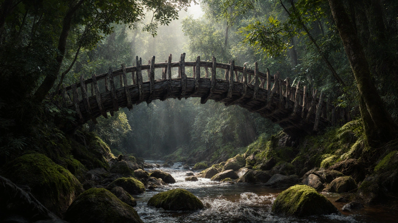 Jembatan tua dari kayu ulin yang kokoh melintasi sungai di hutan Kalimantan, dengan air mengalir dan kanopi hutan di atasnya.