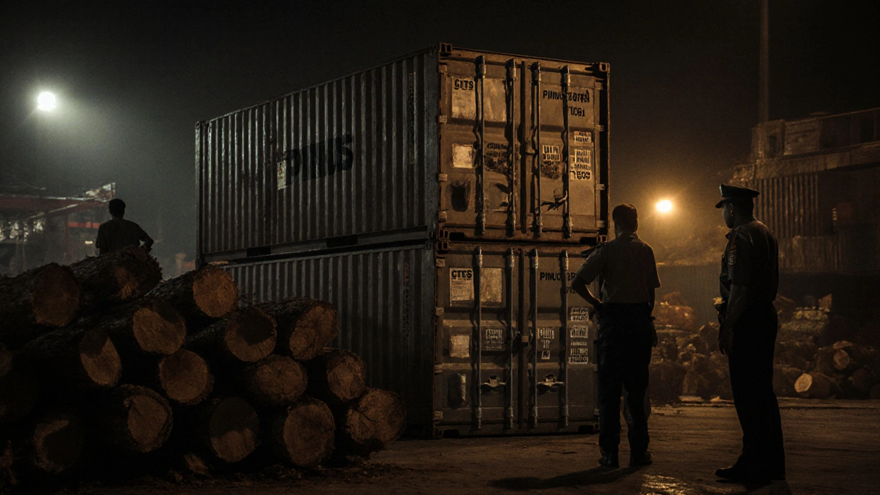 Kayu ulin disembunyikan di dalam kontainer yang berlabel kayu pinus di pelabuhan Kalimantan, dengan figur gelap sedang memuat.