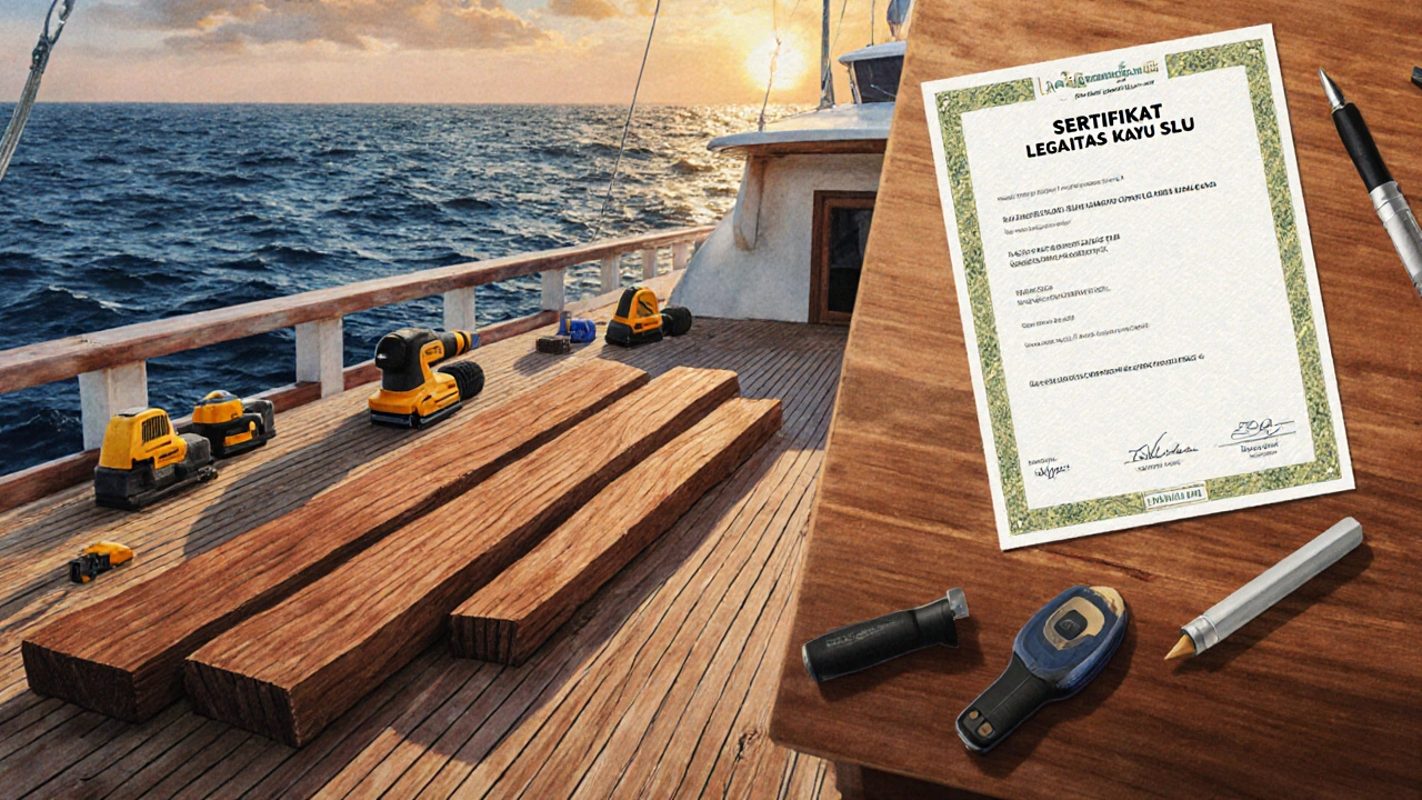 Papan kayu ulin gelap dipasang di dek kapal pesiar mewah, alat kayu dan dokumen legal terlihat di latar belakang.