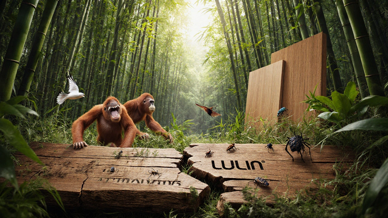 Papan kayu ulin tua yang hancur berubah menjadi ekosistem hutan, dengan alternatif ramah lingkungan tumbuh di latar belakang.