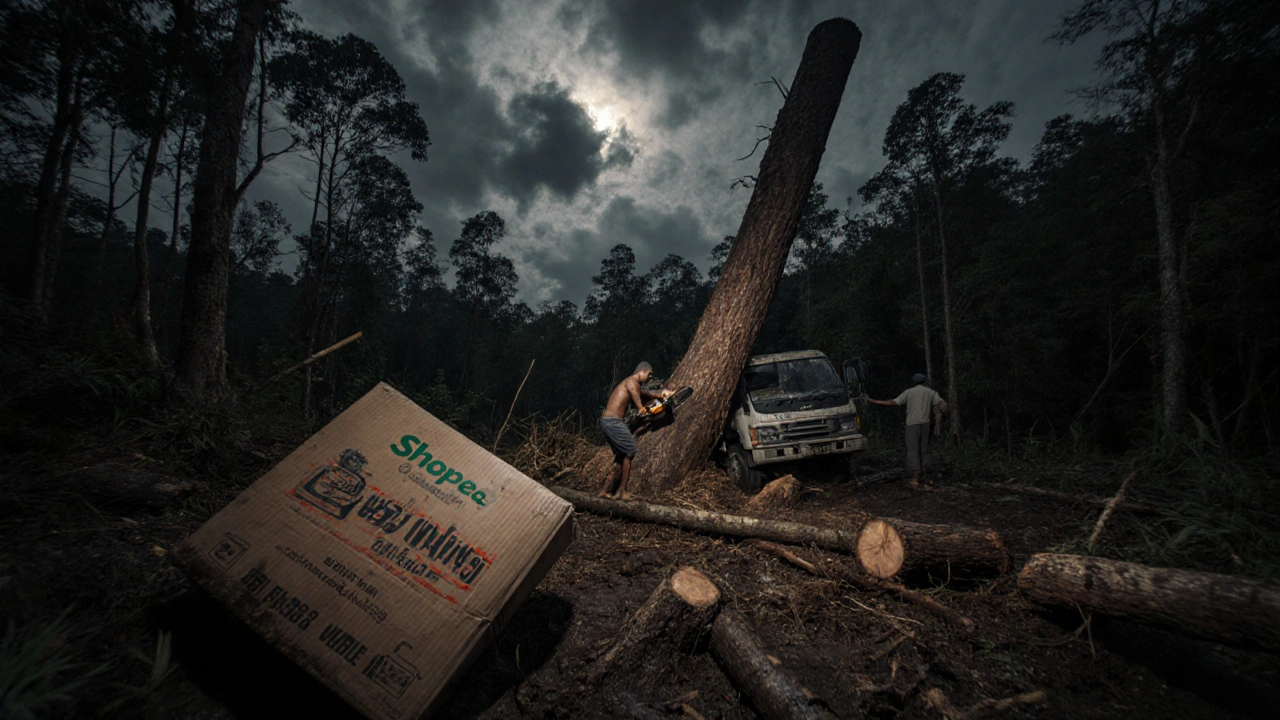 Penebangan liar di hutan Kalimantan pada senja, dengan truk tersembunyi dan kemasan palsu &#039;bibit kayu ulin&#039; di tanah.