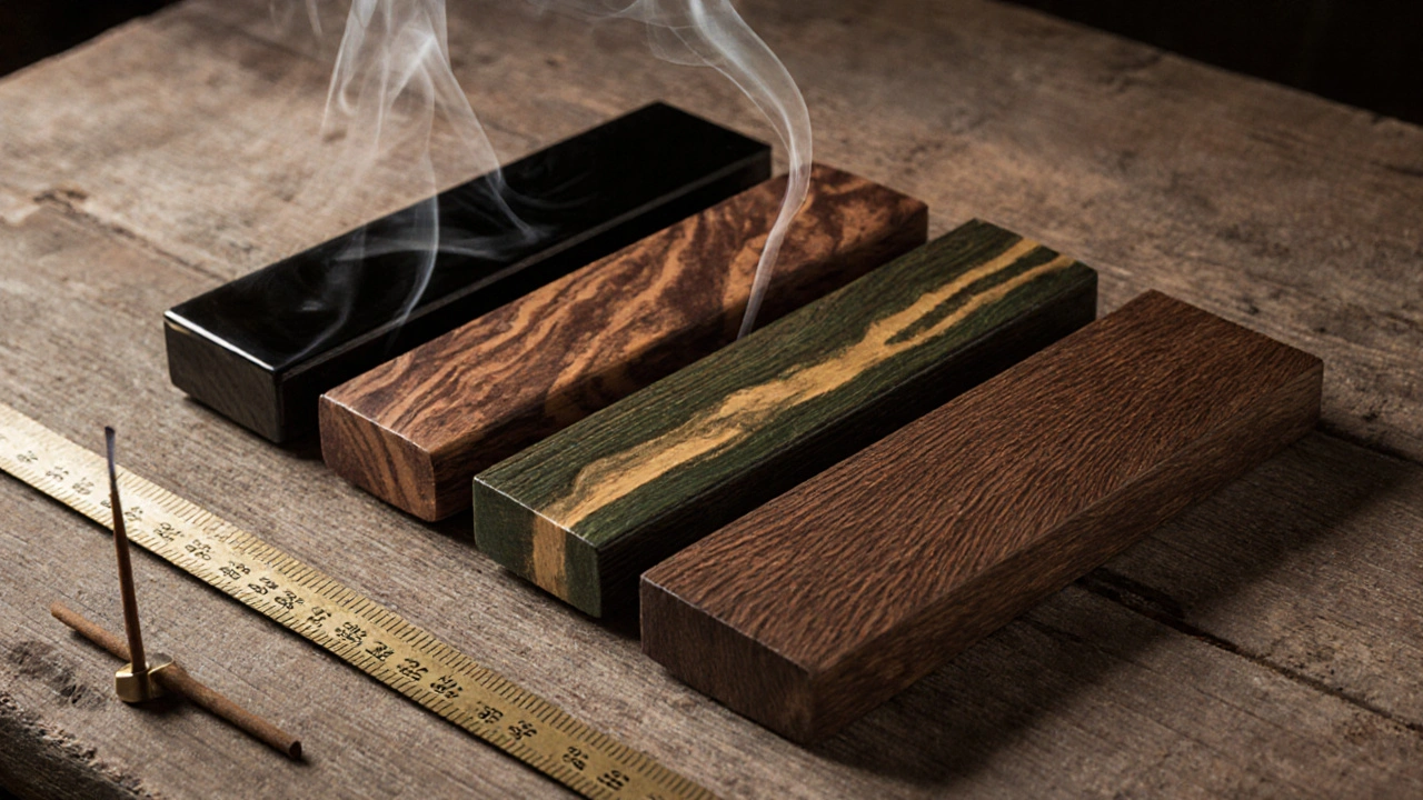 Perbandingan empat jenis kayu langka: ebony, sandalwood, lignum vitae, dan ulin di atas meja kayu.