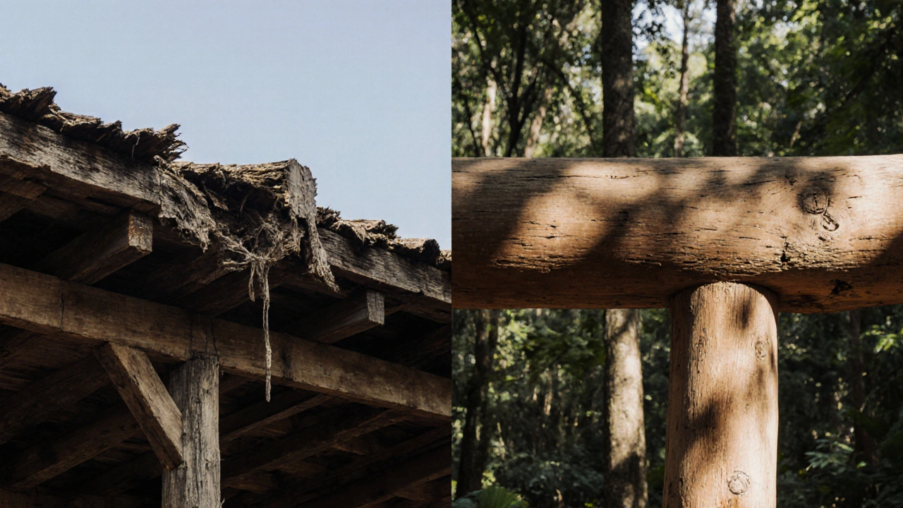 Perbandingan kayu biasa yang rusak versus kayu ulin yang tetap utuh setelah puluhan tahun.