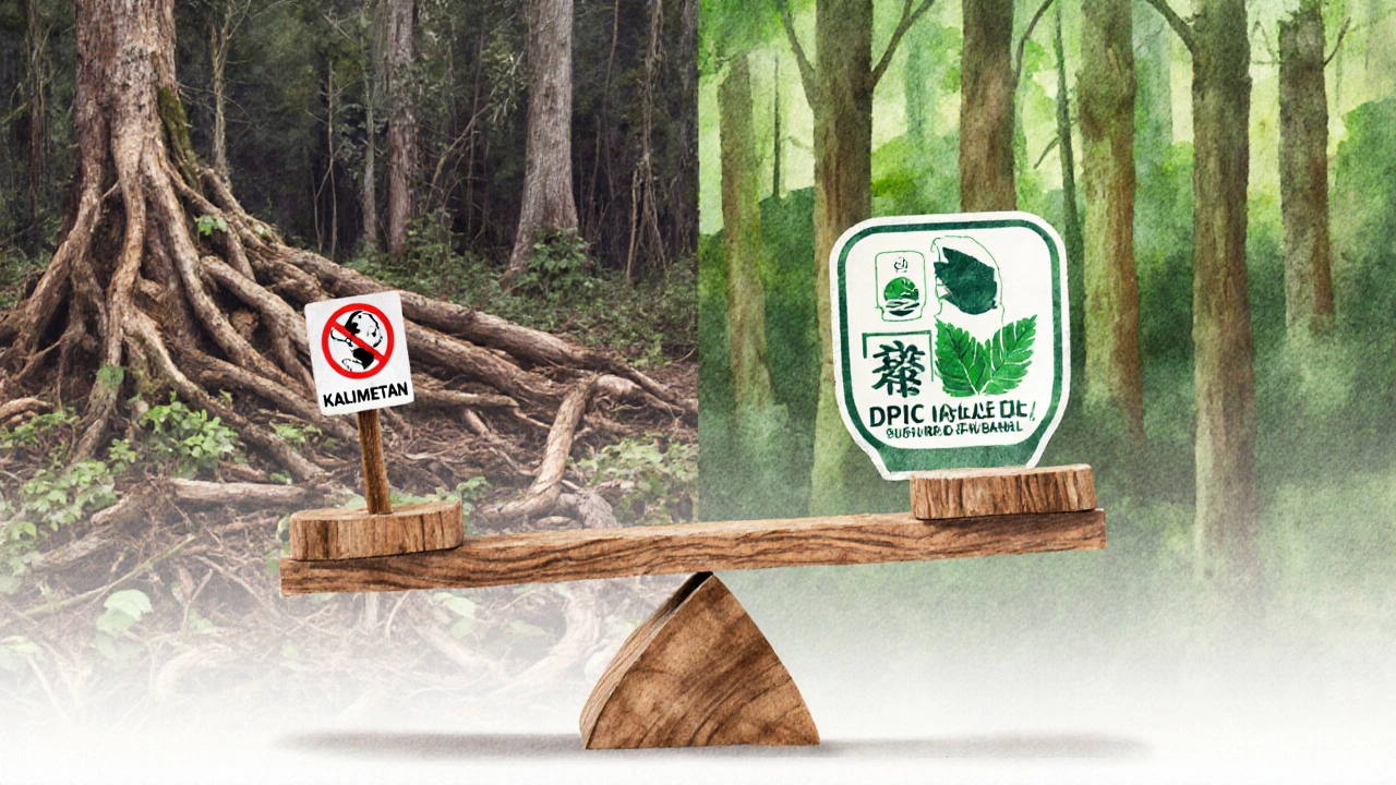 Perbandingan keberlanjutan: hutan Kalimantan yang gundul vs hutan Brazil bersertifikat FSC dengan pohon ipe.
