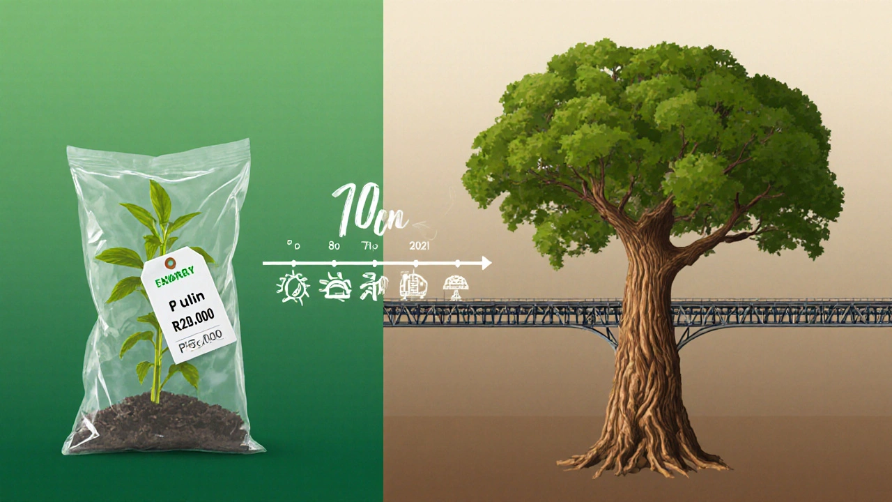 Perbandingan konseptual: bibit kayu ulin kecil di sebelah pohon dewasa yang digunakan sebagai balok jembatan, menunjukkan proses 70 tahun.