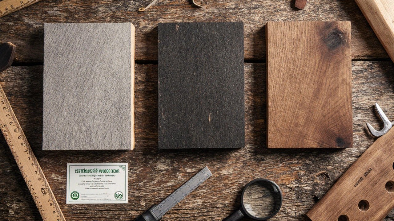 Perbandingan tiga jenis kayu: bengkirai, ulin, dan jati dengan alat ukur dan sertifikat FSC.