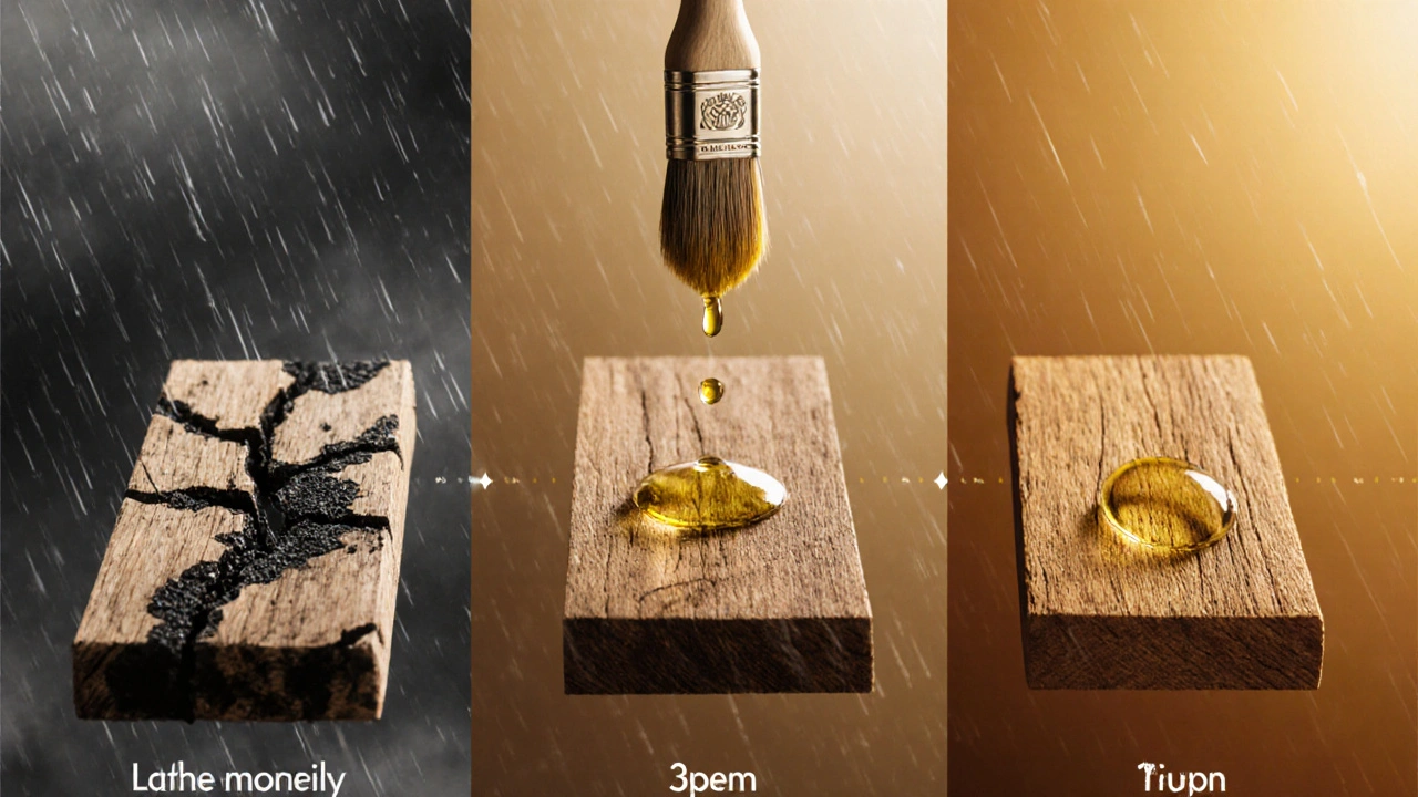 Perbandingan tiga tahap kayu bangkirai: rusak, terawat sebagian, dan terawat sempurna dengan minyak alami.