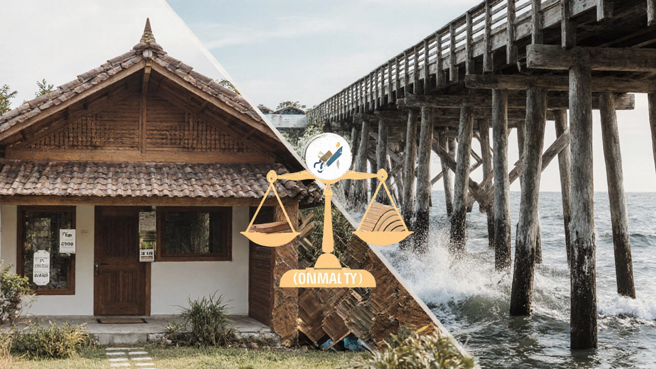 Perbandingan visual antara rangka rumah biasa dengan rangka jembatan ekstrem, menunjukkan perbedaan ketahanan dan penggunaan kayu bengkirai dan ulin.