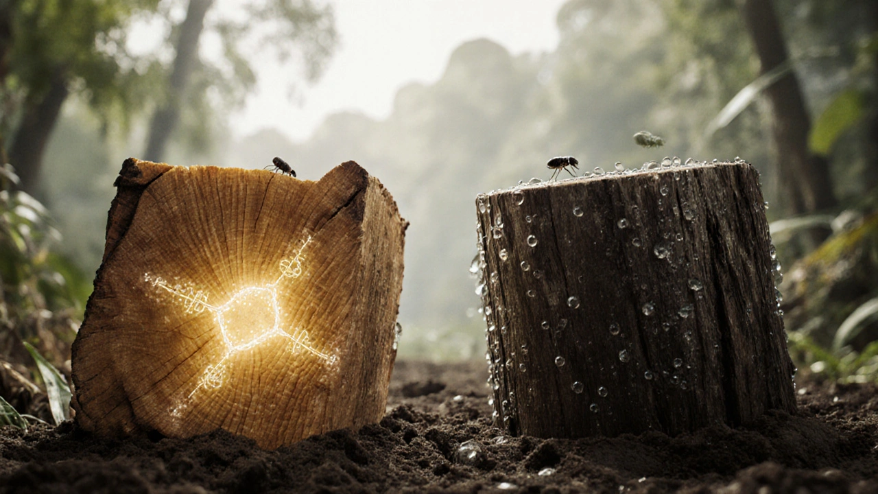 Perbandingan visual kayu bengkirai dan ulin dengan molekul anti-rayap terlihat samar di dalam serat kayu.