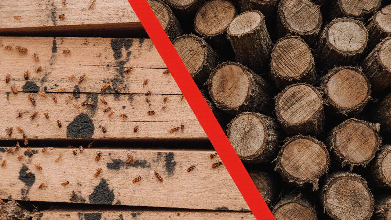 Perbandingan visual kayu mahoni yang rusak dan kayu bengkirai yang utuh dengan tekstur alami.