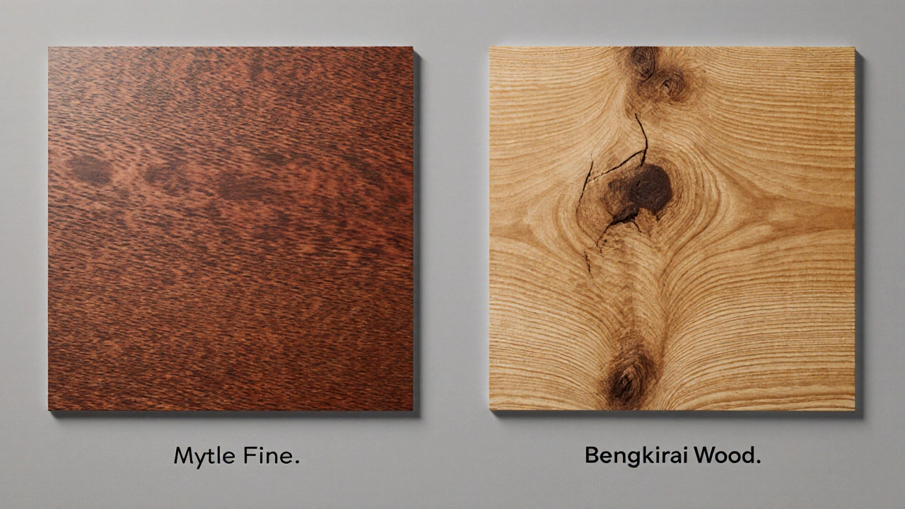Perbandingan visual kayu myrtle dan bengkirai menunjukkan perbedaan tekstur dan warna alami.