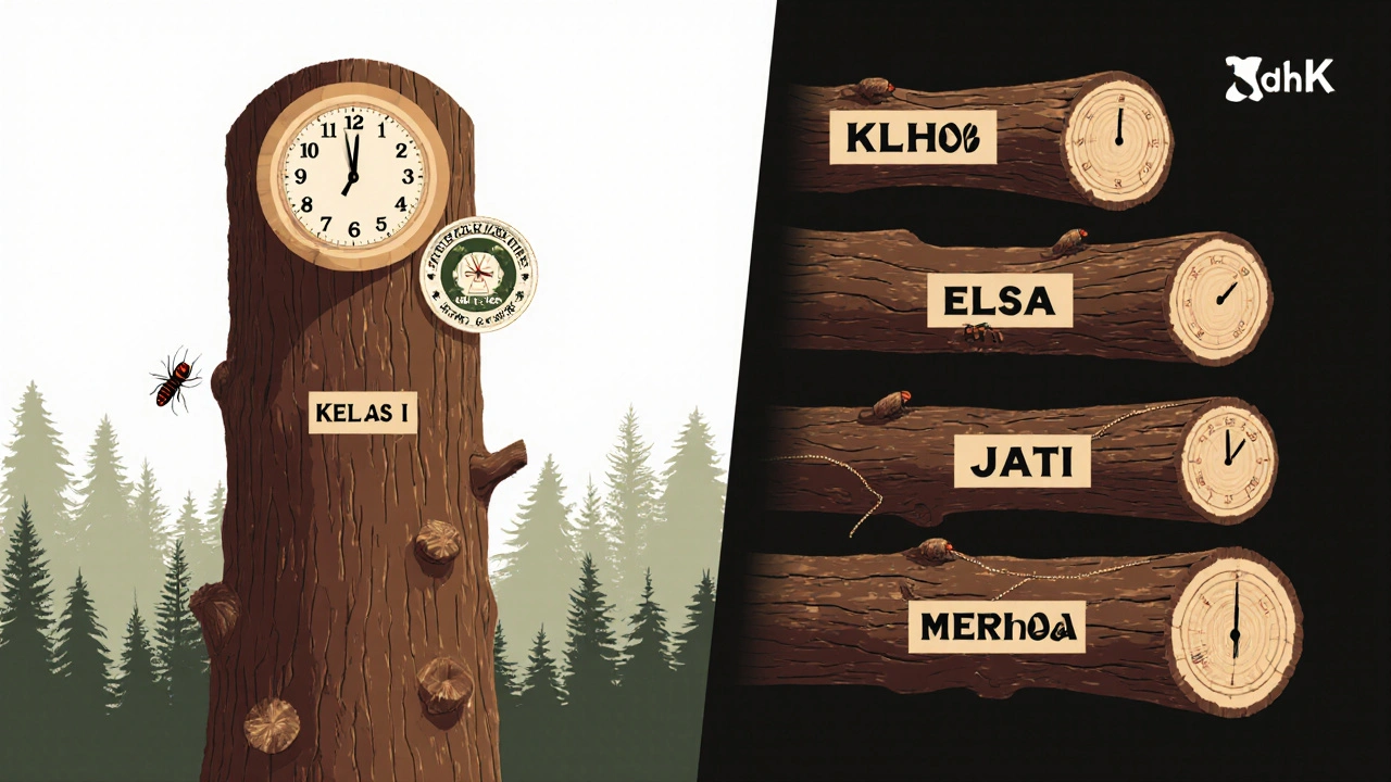 Perbandingan visual kayu ulin kelas I dengan kayu lain, menunjukkan umur pakai lebih panjang dan ketahanan terhadap rayap.