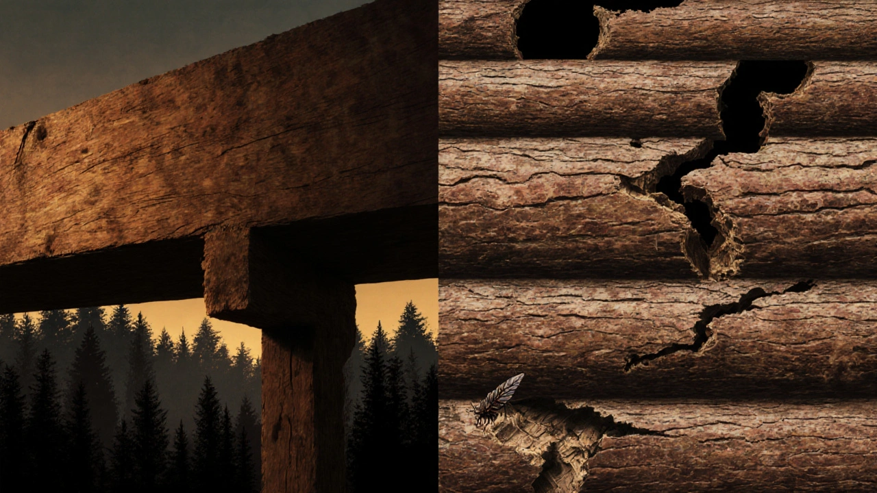 Perbandingan visual kayu ulin yang tahan lama versus kayu lain yang rusak oleh rayap dan kelembapan, latar belakang hutan terancam.