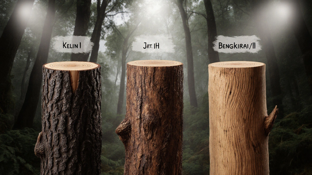 Perbandingan visual tiga jenis kayu: ulin, jati, dan bengkirai dengan pola serat yang berbeda.