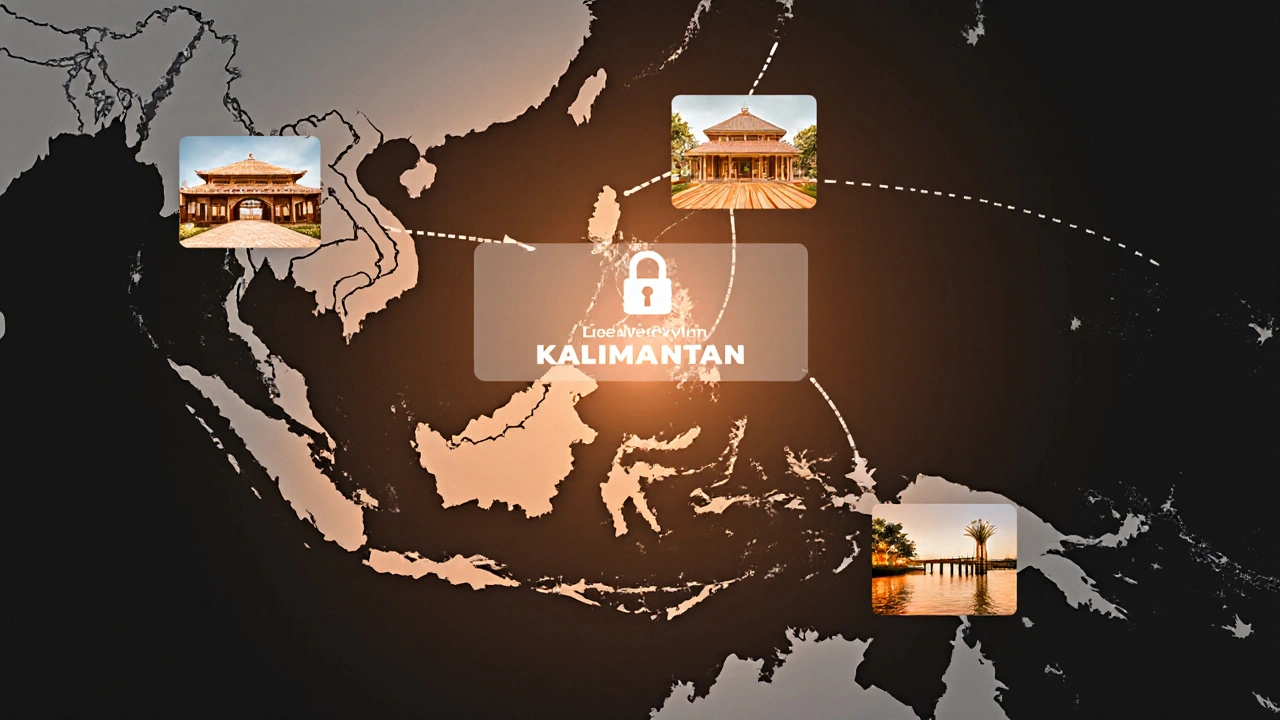 Peta Indonesia dengan Kalimantan bersinar, terhubung ke jembatan, villa, dan dermaga dari kayu ulin asli, simbol keaslian dan perlindungan.