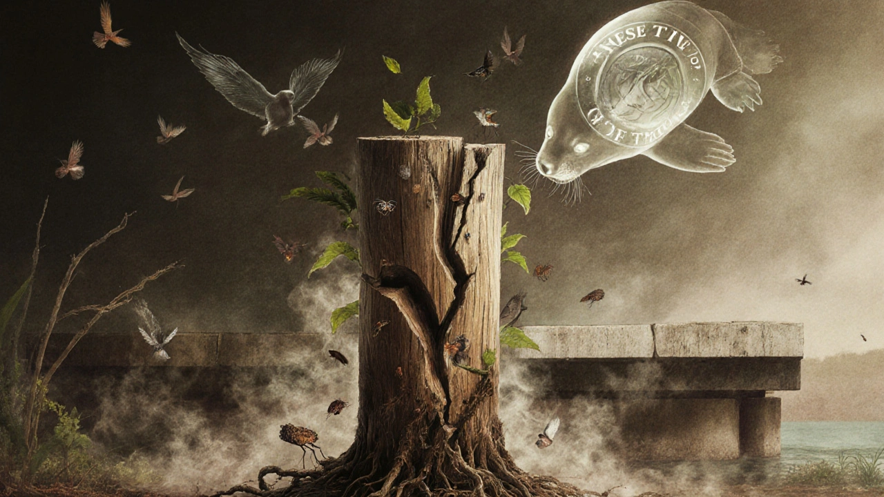 Pilar kayu ulin retak dan hancur, dengan satwa liar menghilang ke asap, sementara dermaga beton menggantikannya di latar belakang.