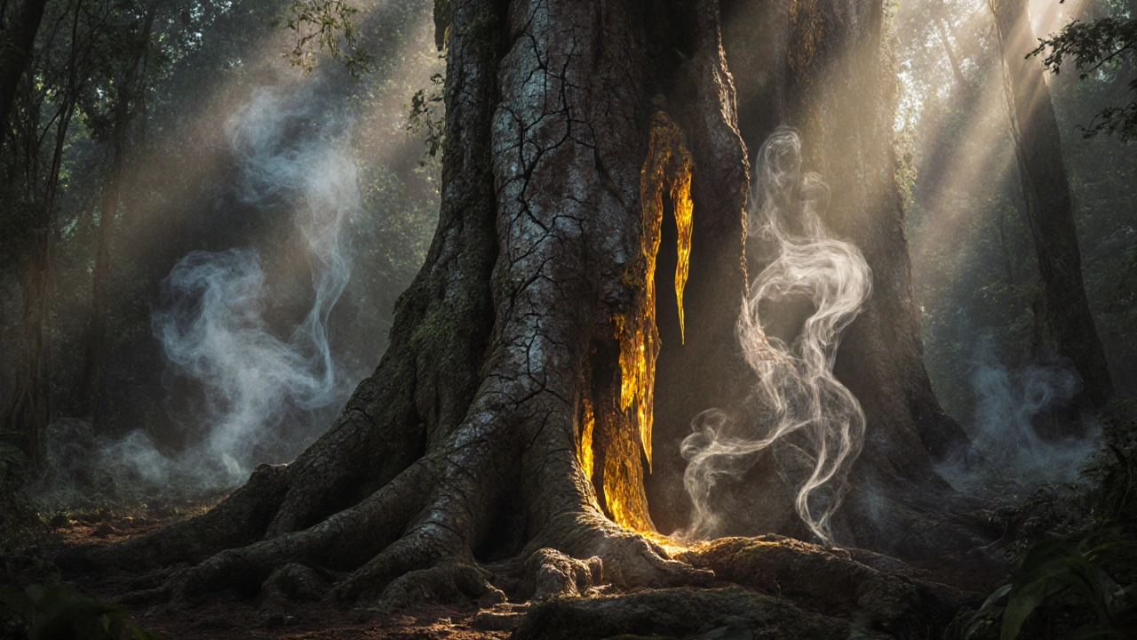 Pohon gaharu mengeluarkan getah emas beraroma di hutan hujan Indonesia.