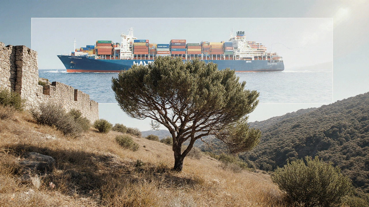 Pohon myrtle di Mediterania dengan kontainer pengiriman mengambang di atas, simbolisasi impor ke Indonesia.