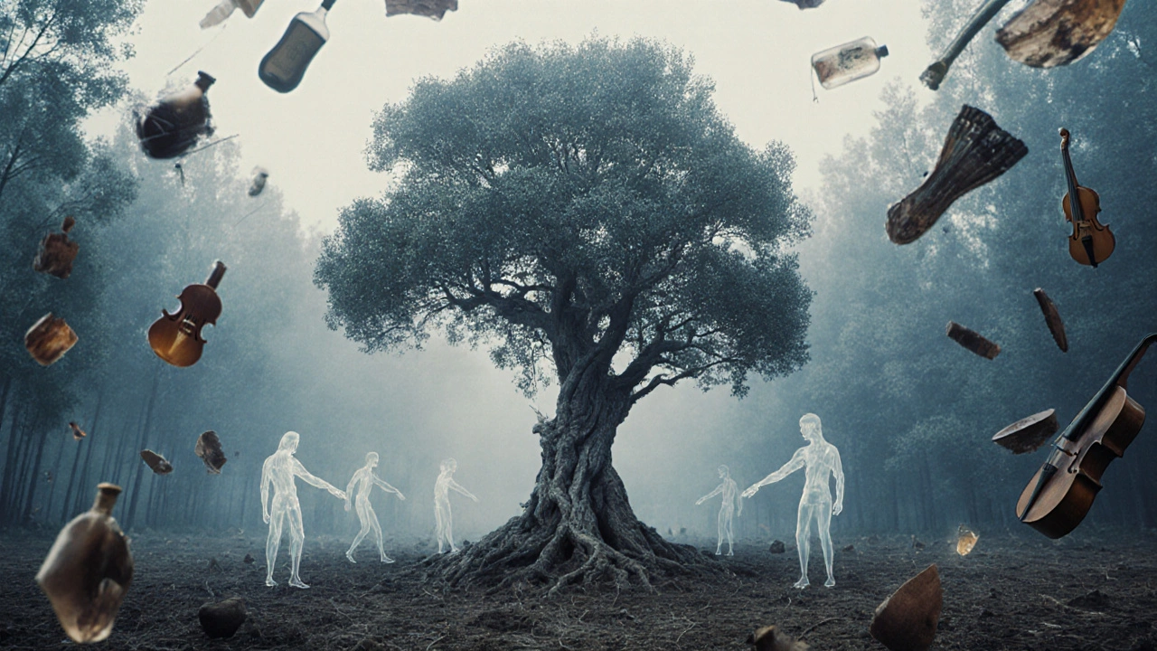 Pohon ulin tua di hutan gundul, dikelilingi bayangan generasi masa depan dan simbol budaya.